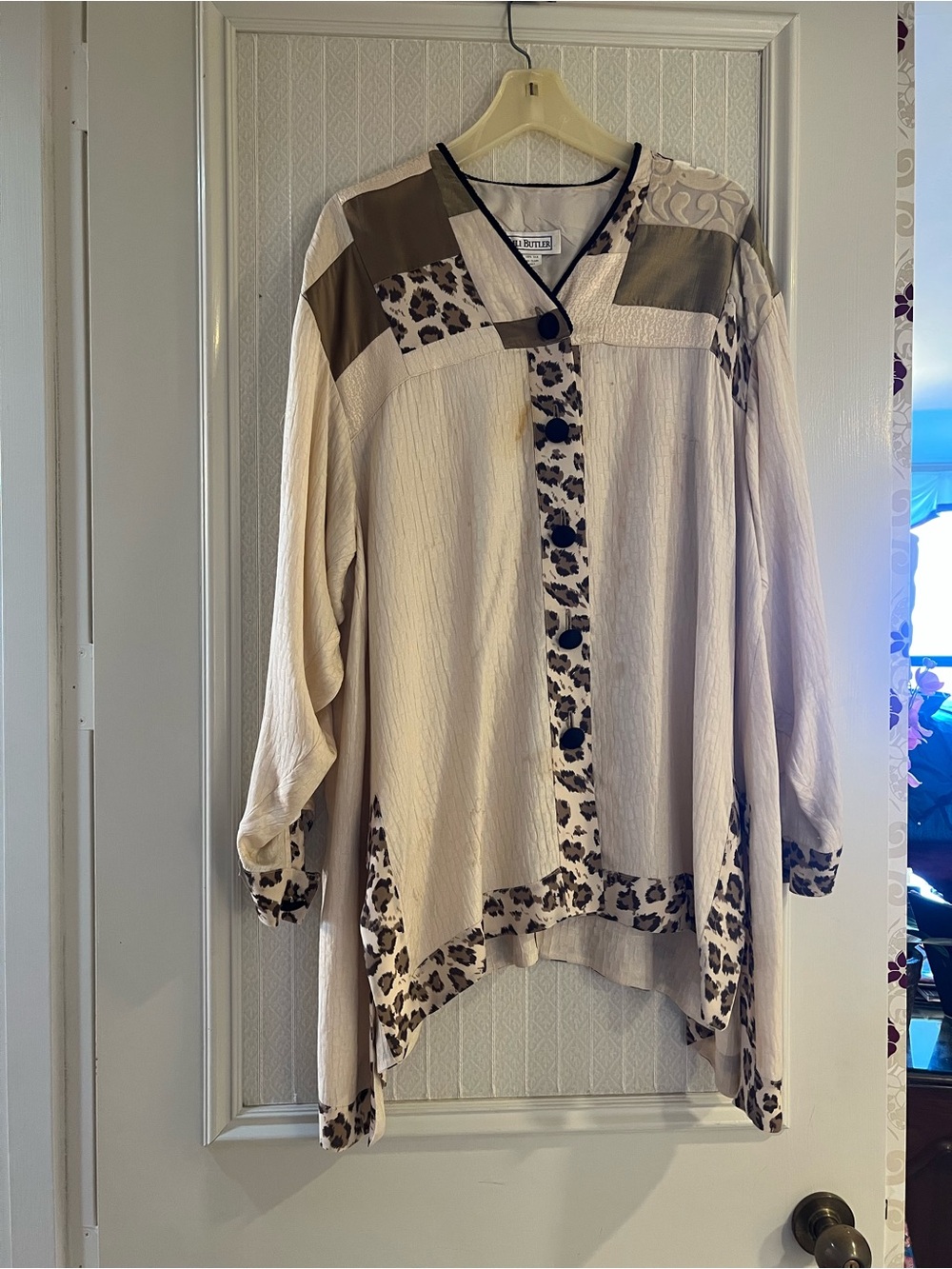 Leopard-Trim Button-Front Beige Shirt